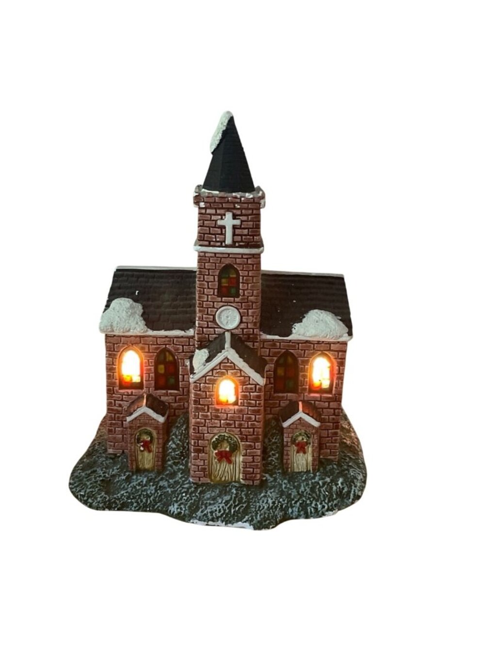 Vintage Christmas Village Church w Faux Stained Glass Windows Lighted House